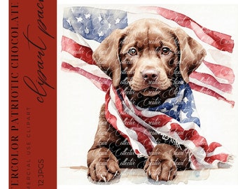 12 Patriotic Chocolate Lab, Watercolor Chocolate Labrador Clipart, Junk Journal Digital Download, Collage, High-Quality JPGS, Commercial Use