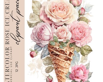 12 imágenes prediseñadas de helado de acuarela, imágenes prediseñadas de rosa, imágenes prediseñadas florales, imágenes prediseñadas de postre, artesanía de papel digital, descarga digital, JPGS de alta calidad