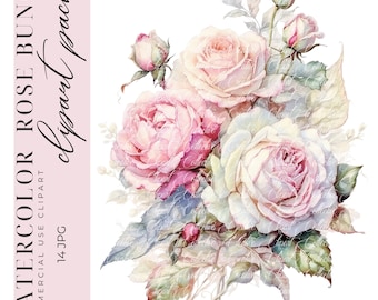 14 Rose Bouquet Clipart, Romantic Clipart, Cottage Rose Clipart, Wedding Clipart, Mixed Media, Digital Paper Craft, High-Quality JPGS