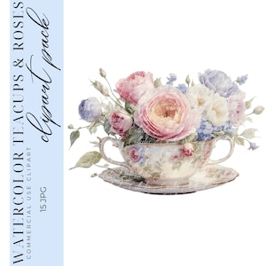 15 Clipart tazza da tè, Clipart tazza da tè, Clipart tazza da tè floreale, Clipart rose, Clipart floreale, Arte primaverile, JPG ad alta risoluzione, Uso commerciale