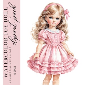 May include: Watercolour illustration of a doll wearing a pink dress with ruffles and a white collar. The doll has blonde hair and blue eyes.