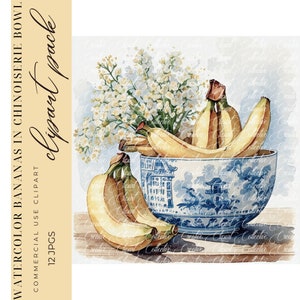 12 Bananen Clipart, Aquarell Banane Chinoiserie Kunst, Junk Journal, Sublimation Digital Download, Collage, hochwertige JPGS, kommerzielle Nutzung