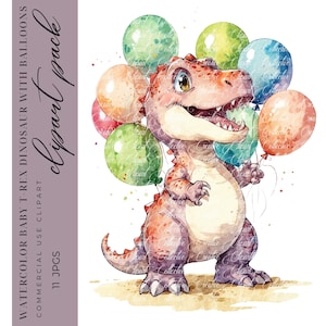 11 Clipart de dinossauro, balões de aniversário em aquarela T-Rex Dinosaur Clipart, Junk Journal, download instantâneo, JPGS de alta qualidade, uso comercial