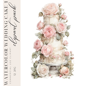 12 clipart de bolo de casamento romântico, clipart de casamento, clipart de rosa, clipart em aquarela para impressão, JPGS de alta qualidade, uso comercial