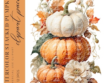 12 Floral Pumpkin Clipart, Watercolor Pumpkin Fall Clipart, Junk Journal, Paper Craft, Digital Download, High-Quality JPGS Commercial Use