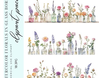 Puede incluir: Tres filas de arreglos florales de acuarela en botellas de vidrio. Las flores son en tonos de rosa, morado, amarillo y blanco. Las botellas son de vidrio transparente con una variedad de formas y tamaños.