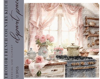 12 Shabby Chic Kitchen Clipart, Watercolor Kitchen Clipart, Junk Journal, Paper Craft Digital Download, High-Quality JPGS, Commercial Use