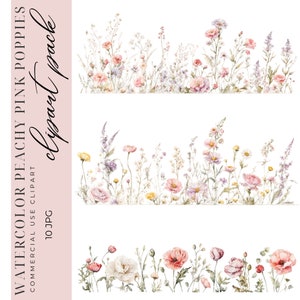 10 clipart de flores silvestres, borda de flores silvestres, clipart de flores silvestres, clipart de borda de papoulas, arte digital, JPGs de alta resolução, uso comercial