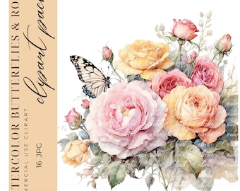 16 Butterfly Clipart, Spring Rose Clipart, Floral Butterfly Clipart, Mixed Media, Digital Paper Craft, Digital Download, High-Quality JPGS