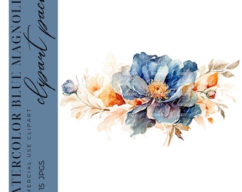 15 Floral Clipart, Watercolor Blue Magnolia Flower Clipart, Wedding Florals, Paper Craft, Junk Journal, Instant Download, High-Quality JPGS