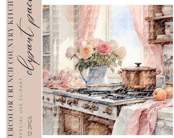 12 French Country Kitchen Clipart, Watercolor Kitchen Clipart, Junk Journal, Paper Craft Digital Download, High-Quality JPGS, Commercial Use