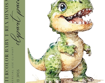 May include: Watercolor illustration of a cute baby T-Rex dinosaur with green and brown scales. The dinosaur is standing on its hind legs with its mouth open and its tongue sticking out. The background is a light brown color.