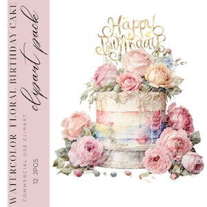 Pacote de clipart de bolo de 12 aniversários, clipart de bolo, clipart aquarela, clipart aquarela de convite, JPGS de alta qualidade, uso comercial