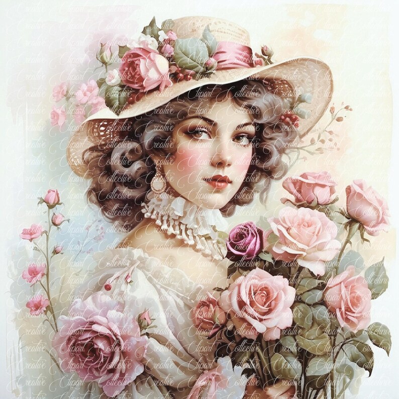 12 Romantic Victorian Lady Floral Rose Hat Watercolor Clipart, Junk ...