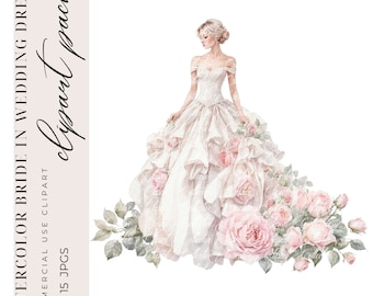 15 Wedding Clipart, Romantic Bride, Wedding Bridal Gown Clipart, Printable Watercolor Clipart, Paper Craft High-Quality JPGS, Commercial Use