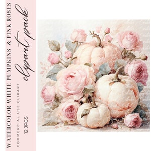 12 Shabby Chic White Pumpkin Pink Roses Acuarela Clipart, Diario basura, Artesanía de papel, Descarga digital, Uso comercial JPGS de alta calidad