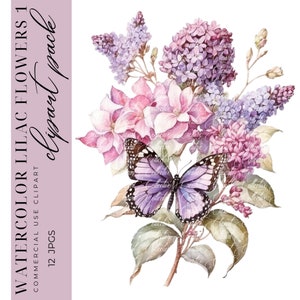 12 imágenes prediseñadas lilas, imágenes prediseñadas florales lilas de acuarela, arte de invitación de boda, artesanía de papel, diario basura, descarga instantánea, JPGS de alta calidad
