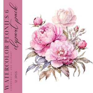 12 Pink Peony Clipart, Watercolor Peony Clipart, Invitation Card Making, Paper Craft, Junk Journal, Instant Download, High-Quality JPGS