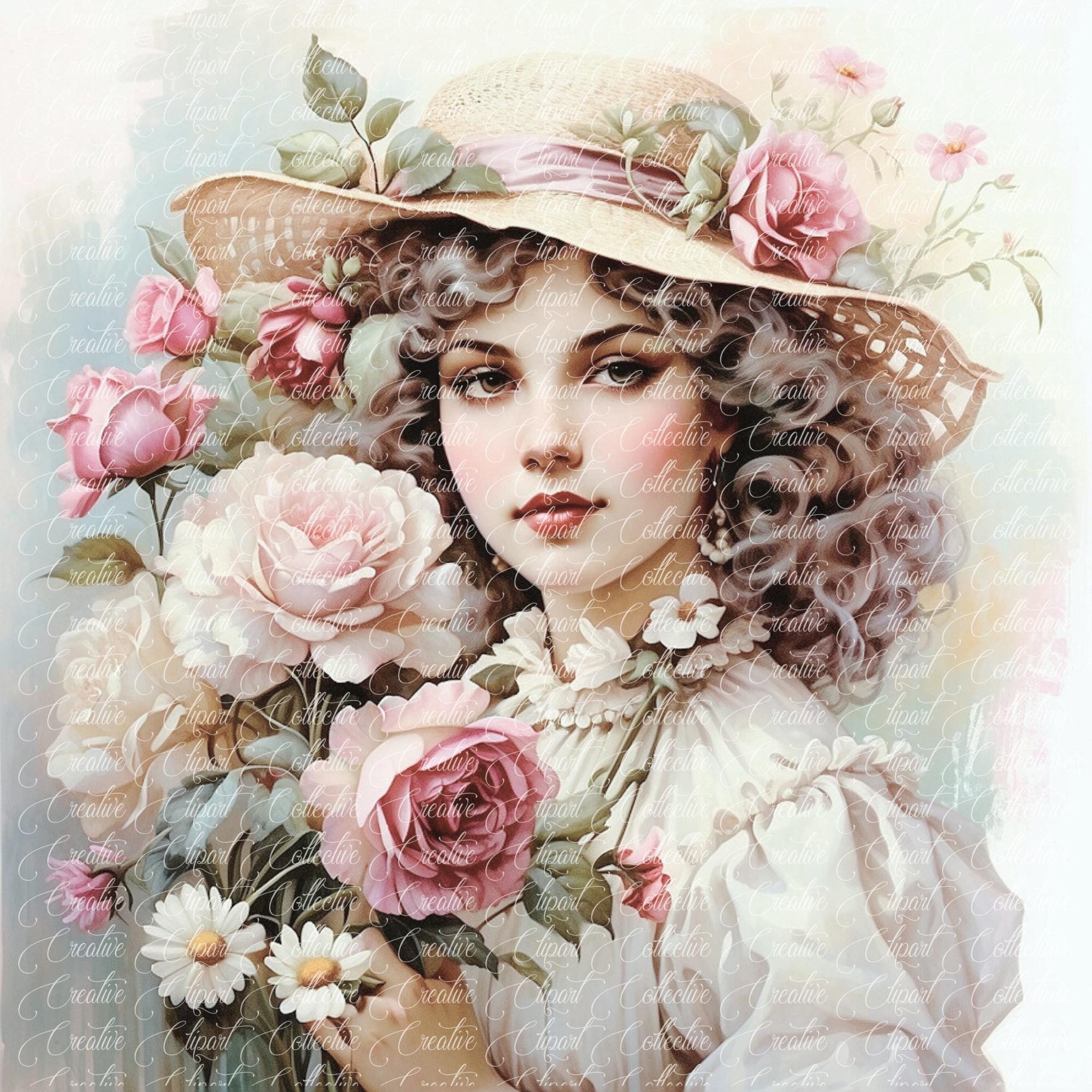 12 Romantic Victorian Lady Floral Rose Hat Watercolor Clipart, Junk ...