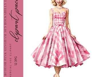 12 Watercolor Retro Clipart, 1950s Rockabilly Dress Clipart, Bombshell Clipart, Digital Paper Craft, High-Quality JPGS, Commercial Use