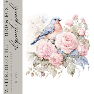 12 Blue Birds Clipart,  Watercolor Birds Clipart, Junk Journal, Sublimation Digital Download, Collage, High-Quality JPGS, Commercial Use