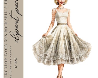 12 Watercolor Vintage Clipart, 50s Rockabilly Dress Clipart, Retro Woman Clipart, Digital Paper Craft, High-Quality JPGS, Commercial Use