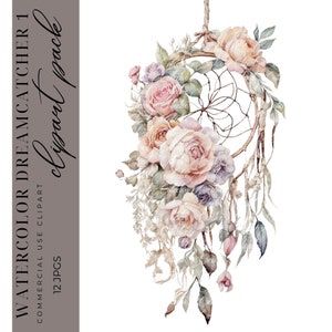 12 cliparts attrape-rêves, clipart attrape-rêves bohème floral aquarelle, fabrication de cartes, téléchargement immédiat, JPGS de haute qualité, usage commercial