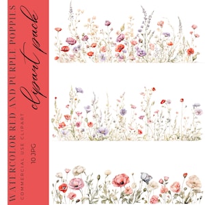 10 clipart de flores silvestres, borda de papoulas de flores silvestres, clipart de flores silvestres, clipart de borda de papoulas vermelhas, JPGs de alta resolução, uso comercial
