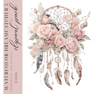 12 Boho Dreamcatcher Clipart, Akwarela Shabby Chic Dreamcatcher Clipart, Tworzenie kartek, Natychmiastowe pobieranie, Wysokiej jakości JPGS, Wykorzystanie komercyjne