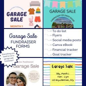 Puede incluir: Un collage de gráficos de venta de garaje. El gráfico superior izquierdo dice "Venta de garaje Mes 1" con ilustraciones de ropa y juguetes para niños. El gráfico superior derecho dice "Venta de garaje para el equipo de porristas".
