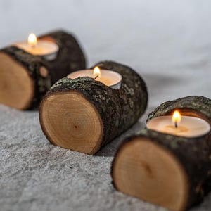 Rustic wooden log candle holder set tree branch tealight wedding table decor natural candle centerpiece Scandinavian forest candle holder