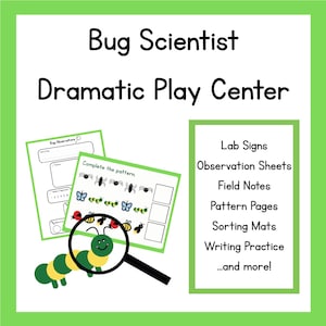 Centro de juego dramático de ciencia de insectos, juego de simulación de laboratorio de insectos, centro de ciencias para preescolar y jardín de infancia, juego dramático imprimible para el aula.