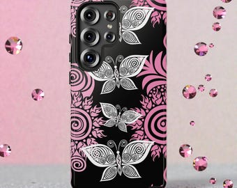 Case for Samsung Galaxy S26 S25 S24 Ultra Plus, Pink Butterfly Floral Phone Case, Cute Botanical Dual Layer Tough Protective, Glossy Matte