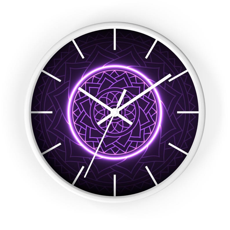 Neon Purple Mandala Wall Clock, Sacred Geometry Spiritual Decor, Silent Non Ticking Modern Wall Art, Yoga Meditation Gift image 1