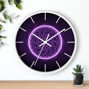 Neon Purple Mandala Wall Clock, Sacred Geometry Spiritual Decor, Silent Non Ticking Modern Wall Art, Yoga Meditation Gift image 3