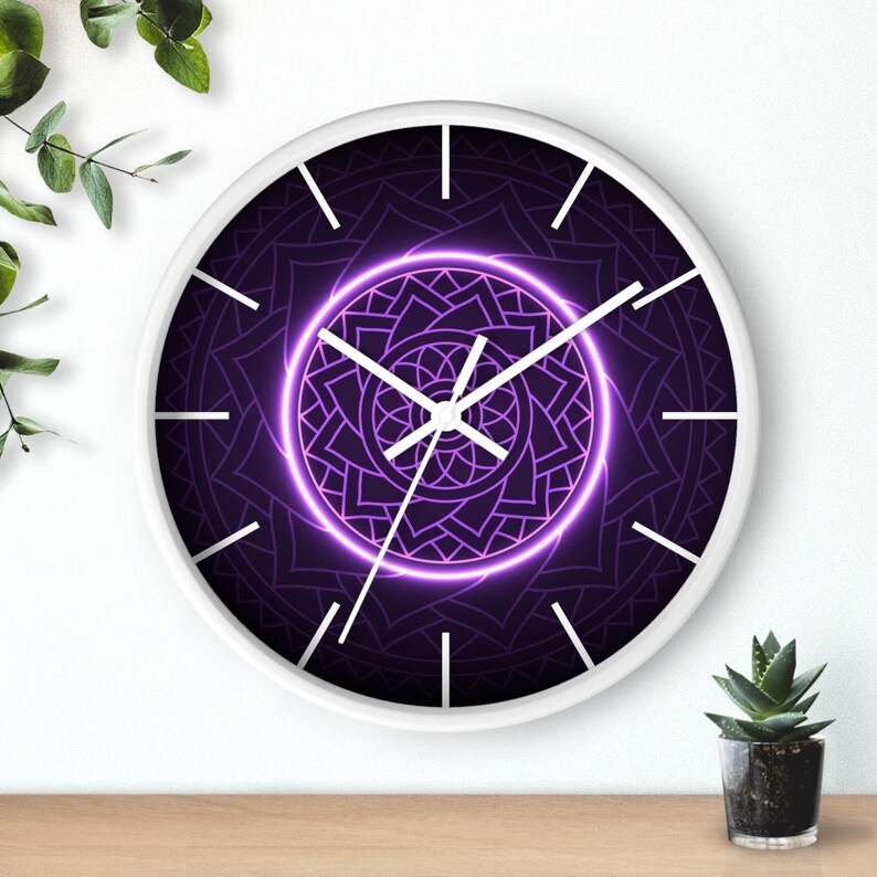 Neon Purple Mandala Wall Clock, Sacred Geometry Spiritual Decor, Silent Non Ticking Modern Wall Art, Yoga Meditation Gift image 3