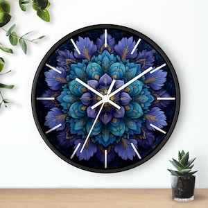 Midnight Blue Mandala Wall Clock, Boho Chic Silent Clock, Dark Floral Art Home Decor, Unique Housewarming Gift