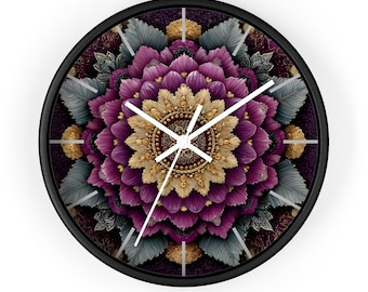 Orologio da parete Mandala di lusso, orologio Boho floreale viola e oro, silenzioso, con cornice in legno, decorazione per la casa, arte per la sala di meditazione, regalo unico
