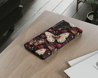 Burgundy Butterfly Phone Case for Samsung Galaxy S26 S25 S24 Ultra Plus, Dual Layer Tough Protective Cover, Romantic Floral Design