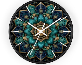 Orologio da parete Mandala di lusso - Arredamento moderno e silenzioso per la casa in stile boho, orologio da soggiorno con dettagli color verde acqua e oro, regalo unico per inaugurazione della casa