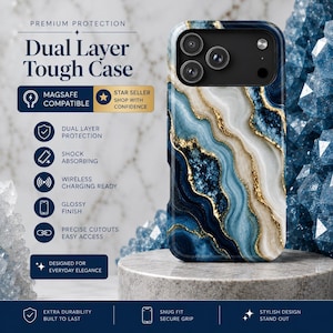 May include: A dual layer phone case with a glossy finish featuring a blue, white, and gold marbled pattern. The text reads Premium Protection, Dual Layer Tough Case, Magsafe Compatible, Star Seller, and lists features like shock absorbing.