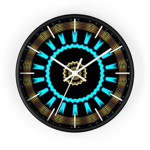 Modern Wall Clock – Turquoise & Gold Mandala Design – Silent Wood Frame Clock – Yoga Roo, Living Room Decor, Meditation Room Clock