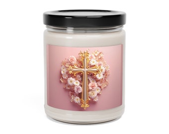 Scented Soy Candle, 9oz, pink cross candle, christian gift candle, gift for mother, gift for new home , Assembled in  USA, Burni 50-60 hours