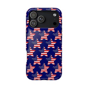 May include: A glossy phone case with a repeating pattern of blue stars and red and white stripes, resembling the American flag. The case has a dark blue border and a camera module with three lenses.