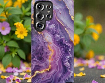 Amethyst Geode Phone Case for Samsung Galaxy S26 S25 S24 Ultra Plus, Dual Layer Tough Protective Cover, Purple Crystal Marble