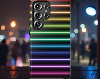 Etui na telefon w neonowe tęczowe paski, Retro Vaporwave, dwuwarstwowe, wytrzymałe etui ochronne do Samsunga Galaxy S26, S25, S24 Ultra Plus, matowe i błyszczące