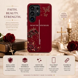 May include: A deep red smartphone case featuring a graphic of a woman wearing a crown, surrounded by roses and butterflies. The text reads THE WAY THE TRUTH THE LIFE and JOHN 14:6. The case has a camera cutout and a smooth, solid-colored finish.