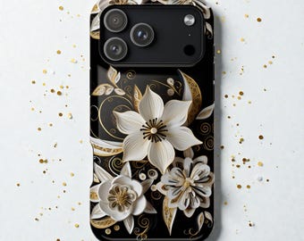 Funda floral de lujo para iPhone, brillante, con flores negras y doradas, para iPhone 13, 14, 15, 16 y 17. Elegante funda para iPhone 17. Envío rápido y gratuito.