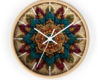 Orologio da parete di lusso con mandala, orologio con decoro boho color verde acqua e oro, orologio da parete silenzioso con cornice in legno, regalo unico per inaugurazione della casa, orologio per sala di meditazione