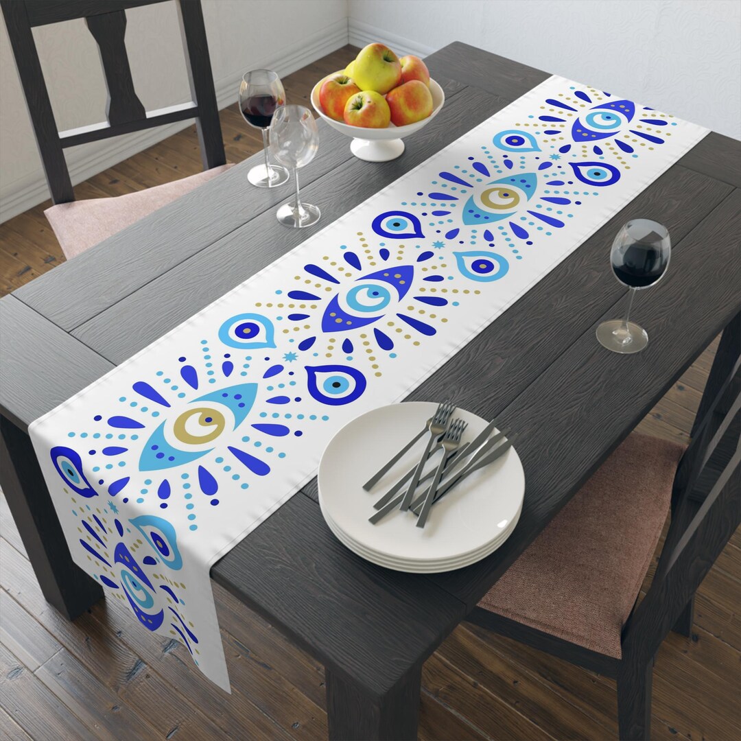Turkish Evil Eye Table Runner, Blue Evil Eye Decor, Boho Dining Table ...